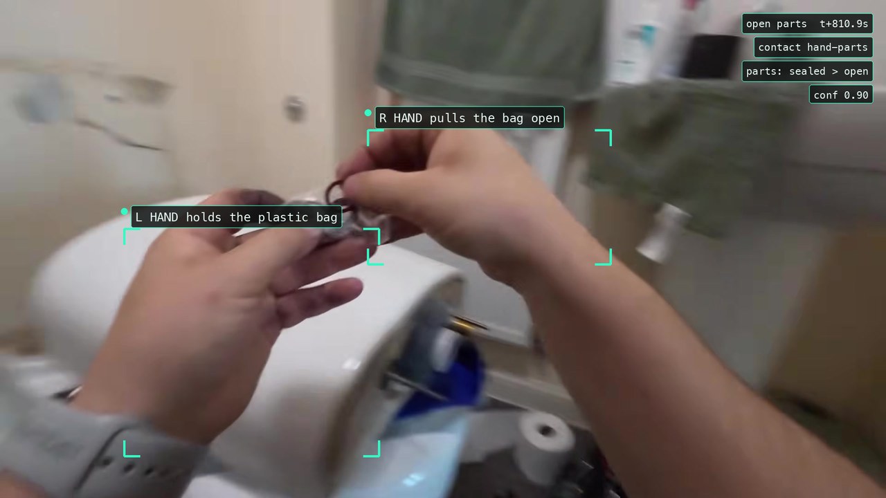The same frame with machine annotations: tracked boxes on both hands and the extracted record fields